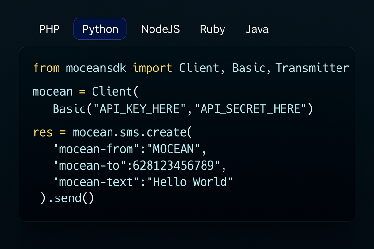 Python code sample using Mocean’s SMS API to send instant messages