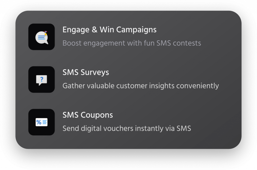 Mocean SMS Messaging Campaign dashboard in Indonesia showcasing tools for running SMS contests, collecting survey responses, and sending digital vouchers via coupons.