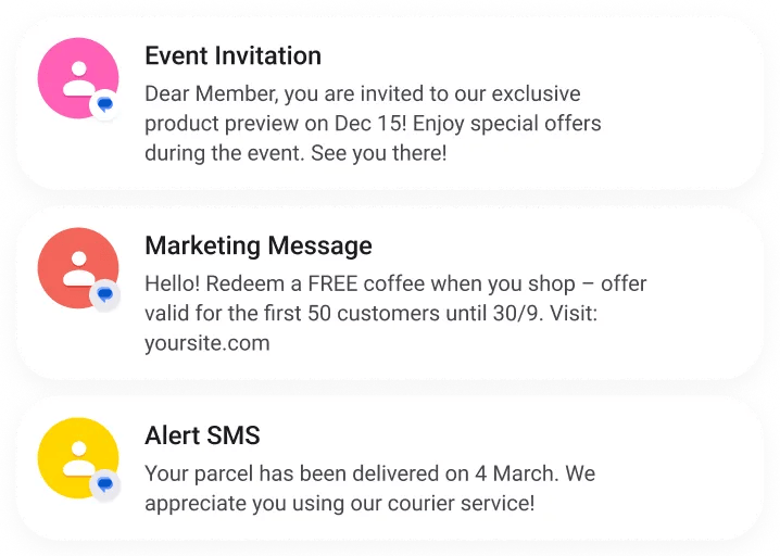 Examples of Mocean SMS Messaging Campaigns in Indonesia, including event invites, promotional offers, and delivery notifications.