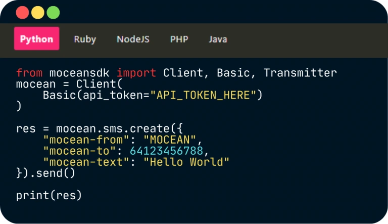 Contoh kode Python menggunakan API SMS Mocean untuk mengirim pesan instan